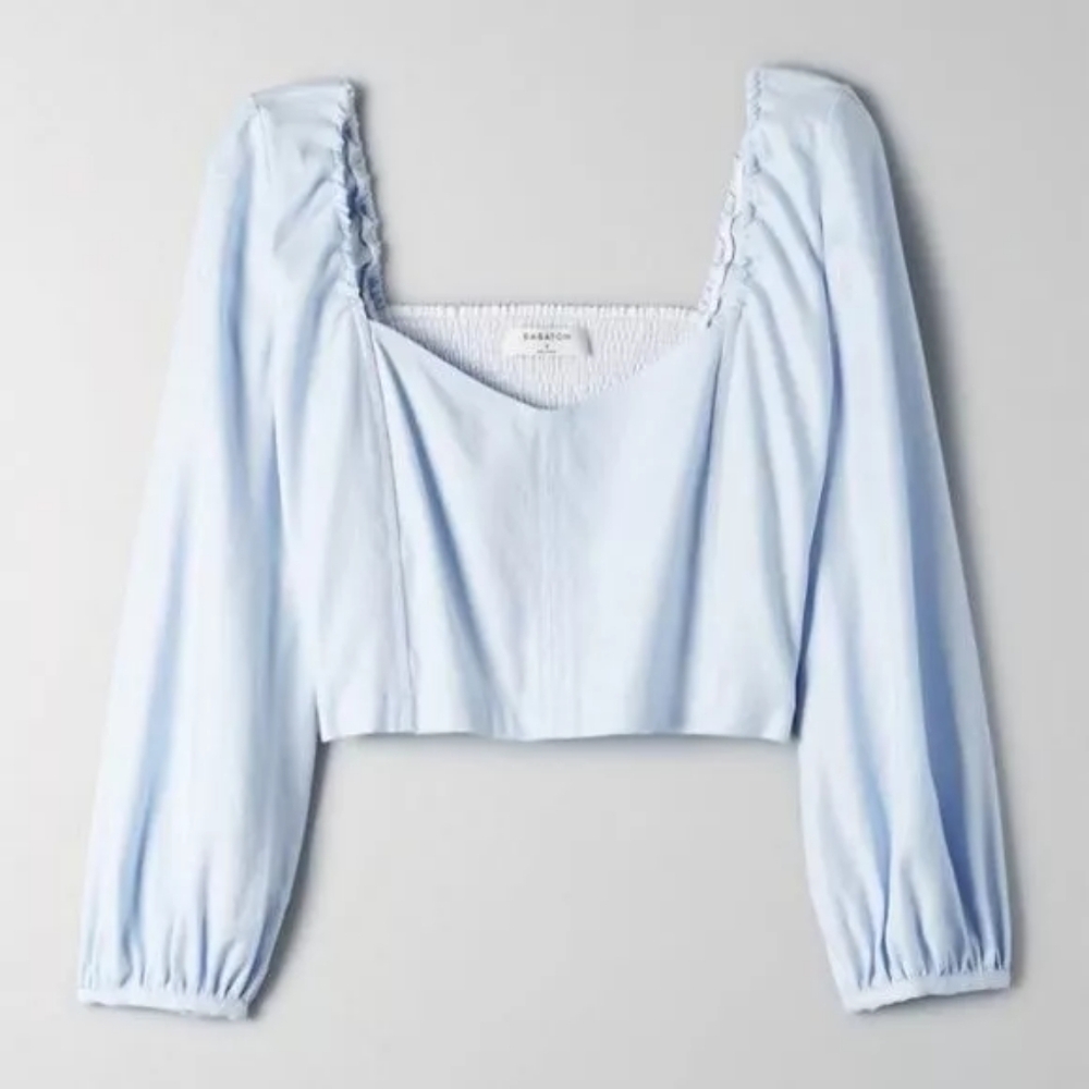 Aritzia Babaton Hadwyn Cropped Linen Blend Puff Sleeve Blouse Baby Blue Small
